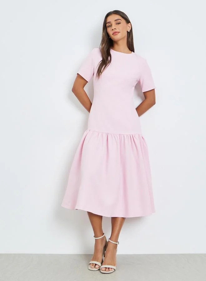 Styli Pink Solid Drop Waist Short Sleeves Midi Dress