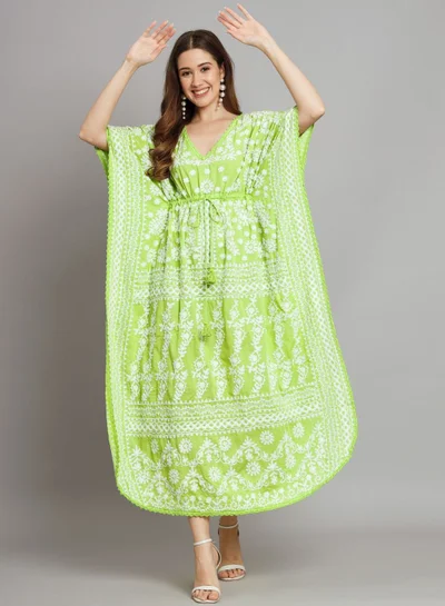 Alaya Hand Embroidered Cotton Chikan Kaftan-AL2558