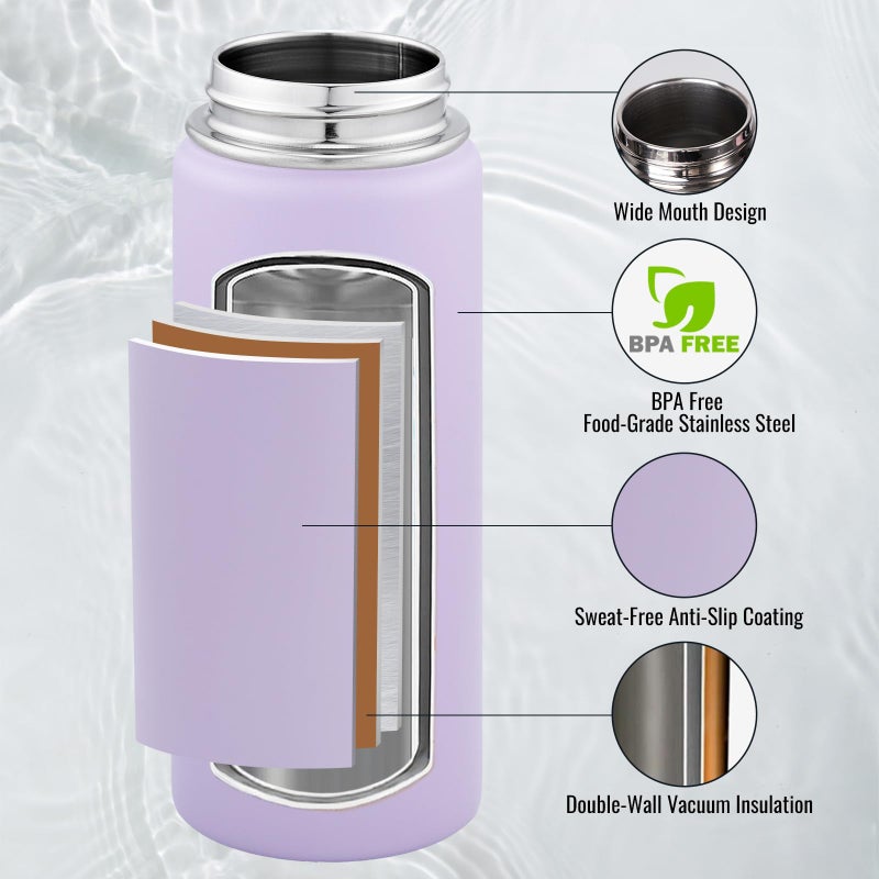 Fijinhom 24 oz Insulated Water Bottle with Handle, 304 Stainless Steel Water Bottles with Wide Mouth, Double Wall Vacuum Sports Water Bottle, BPA Free, Keep Cold and Hot, Purple - Image 2