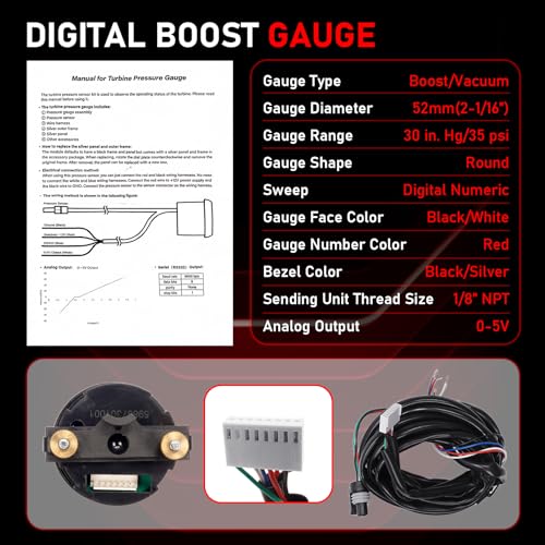 Gelessy 30-35 PSI Boost Gauge 30-4406, 52mm(2-1/16"), Digital Turbo Boost/Vacuum Gauge, Boost Pressure Gauge, Digital Boost Display Gauge Kit, 0-5V Analog Output - Image 5