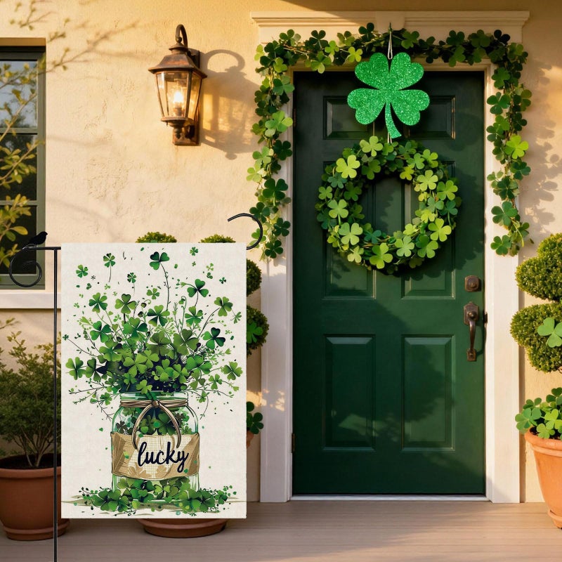 ZAEW Lucky St. Patrick's Day Green Shamrocks Four-leaf Clovers Glass Bottle Garden Flag Yard Flag 12x18 Inch Double Sided Small Mini Yard Outdoor Outside Holiday Decoration - Image 2