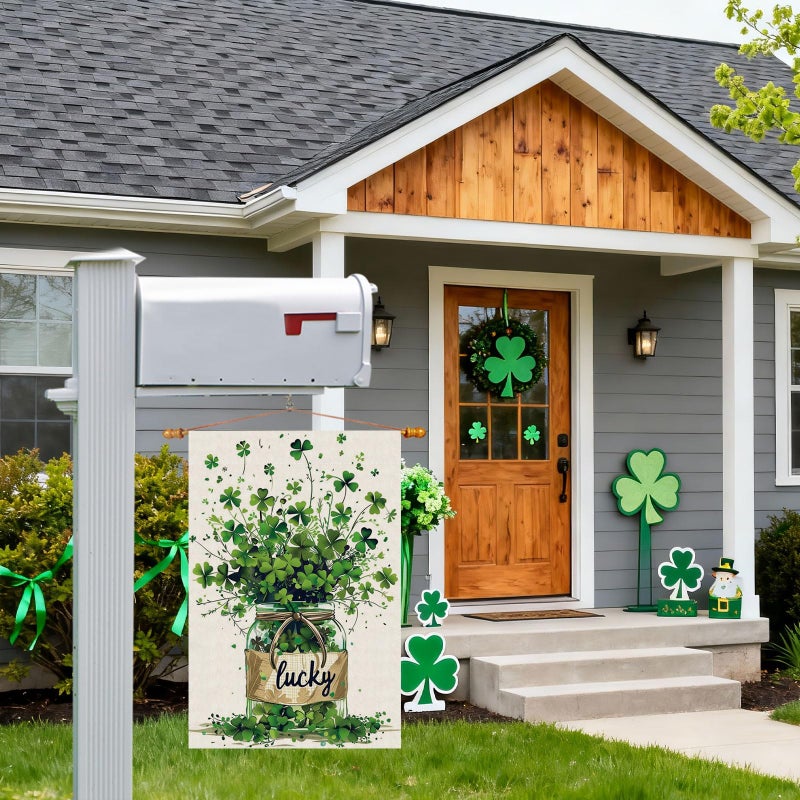 ZAEW Lucky St. Patrick's Day Green Shamrocks Four-leaf Clovers Glass Bottle Garden Flag Yard Flag 12x18 Inch Double Sided Small Mini Yard Outdoor Outside Holiday Decoration - Image 5