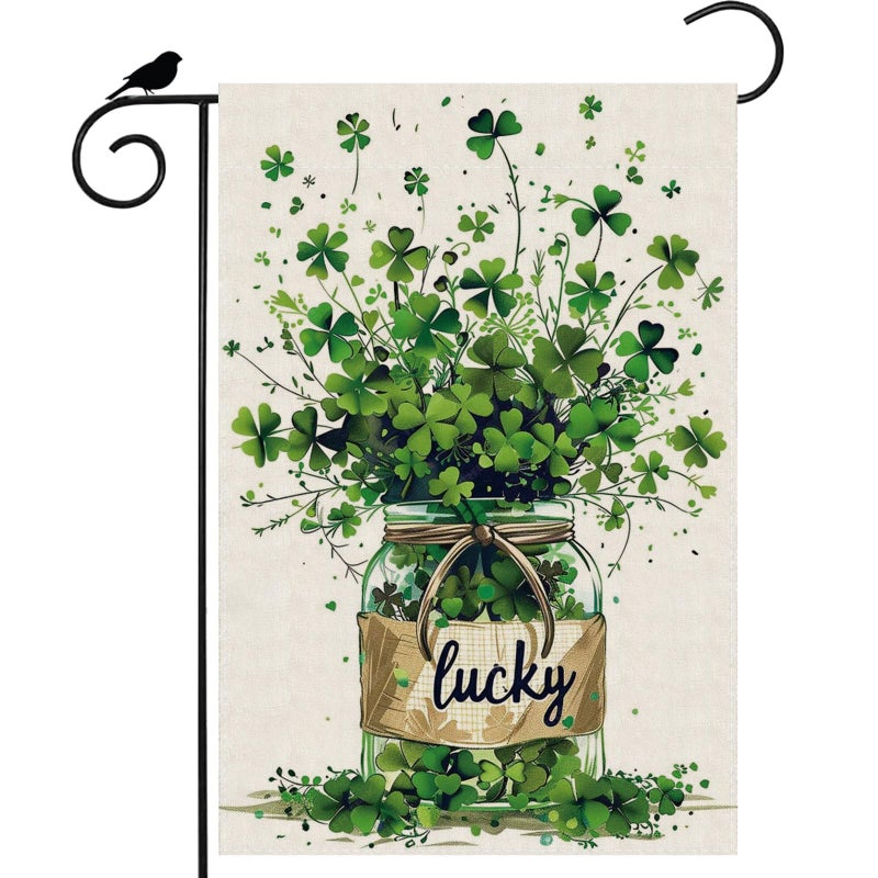ZAEW Lucky St. Patrick's Day Green Shamrocks Four-leaf Clovers Glass Bottle Garden Flag Yard Flag 12x18 Inch Double Sided Small Mini Yard Outdoor Outside Holiday Decoration - Image 1