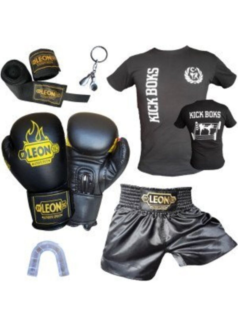 By Leon 1982 Boxing Gloves, Leon Kick Boxing Shorts, T-Shirt, Bandage, Mouthguard Set Black 6p 