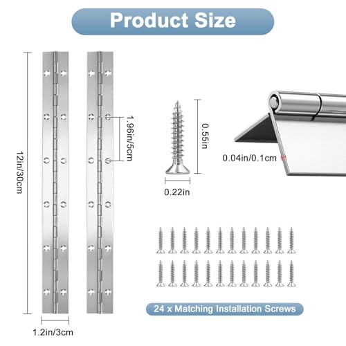 Hrwfnty 2Pcs Piano Hinge, 12 Inch Stainless Steel Hinges with Holes and 24 Pieces Stainless Steel Screws, Piano Heavy Duty Hinges, Suitable for Cabinets, DIY Storage Boxes, and Marine Scenarios - Image 4