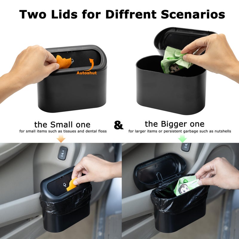 Ginsco 2 Pack Mini Car Trash Can with Lid, Small Car Garbage Can, Cute Leakproof ABS Trash Bin, Cars Accessories for Interior, Garbage Bin for Car, Home, Office with 120pcs Trash Bags Black - Image 4