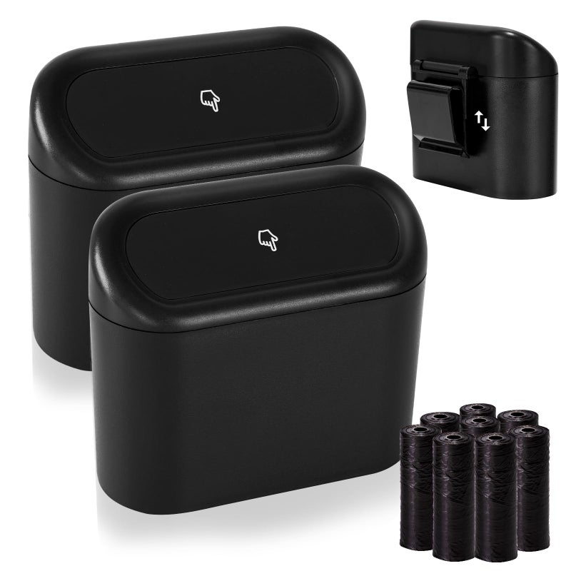 Ginsco 2 Pack Mini Car Trash Can with Lid, Small Car Garbage Can, Cute Leakproof ABS Trash Bin, Cars Accessories for Interior, Garbage Bin for Car, Home, Office with 120pcs Trash Bags Black - Image 1