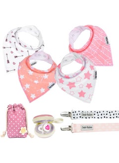 Dodo Babies Dodo Babies Baby triangular cloth bib set - 4 bibs with 2 pacifier clips, pacifier pocket, gift bag - soft, absorbent cotton with polyester backing - for girls 3-24 months  - Image 1