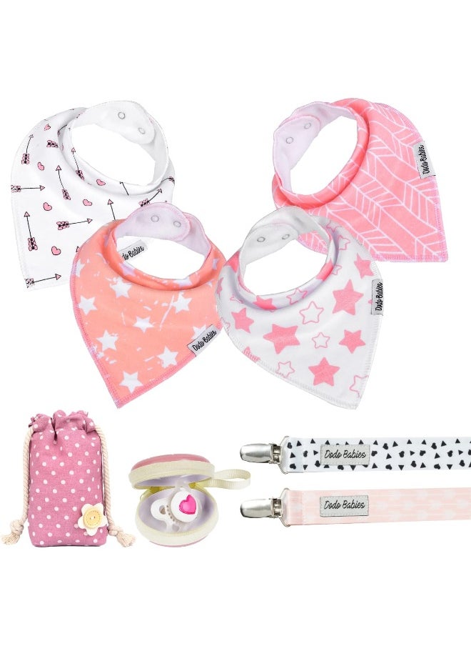 Dodo Babies - Dodo Babies Baby triangular cloth bib set - 4 bibs with 2 pacifier clips, pacifier pocket, gift bag - soft, absorbent cotton with polyester backing - for girls 3-24 months - Image 1
