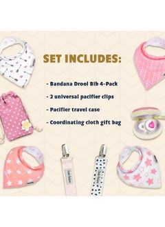 Dodo Babies Dodo Babies Baby triangular cloth bib set - 4 bibs with 2 pacifier clips, pacifier pocket, gift bag - soft, absorbent cotton with polyester backing - for girls 3-24 months  - Image 3