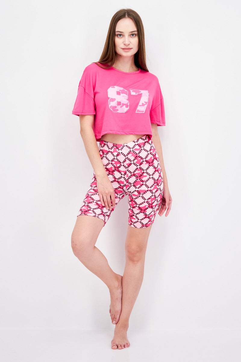 Aeropostale Women 2 Pieces Graphic Print Top And Short Set, Dark Pink - Image 4