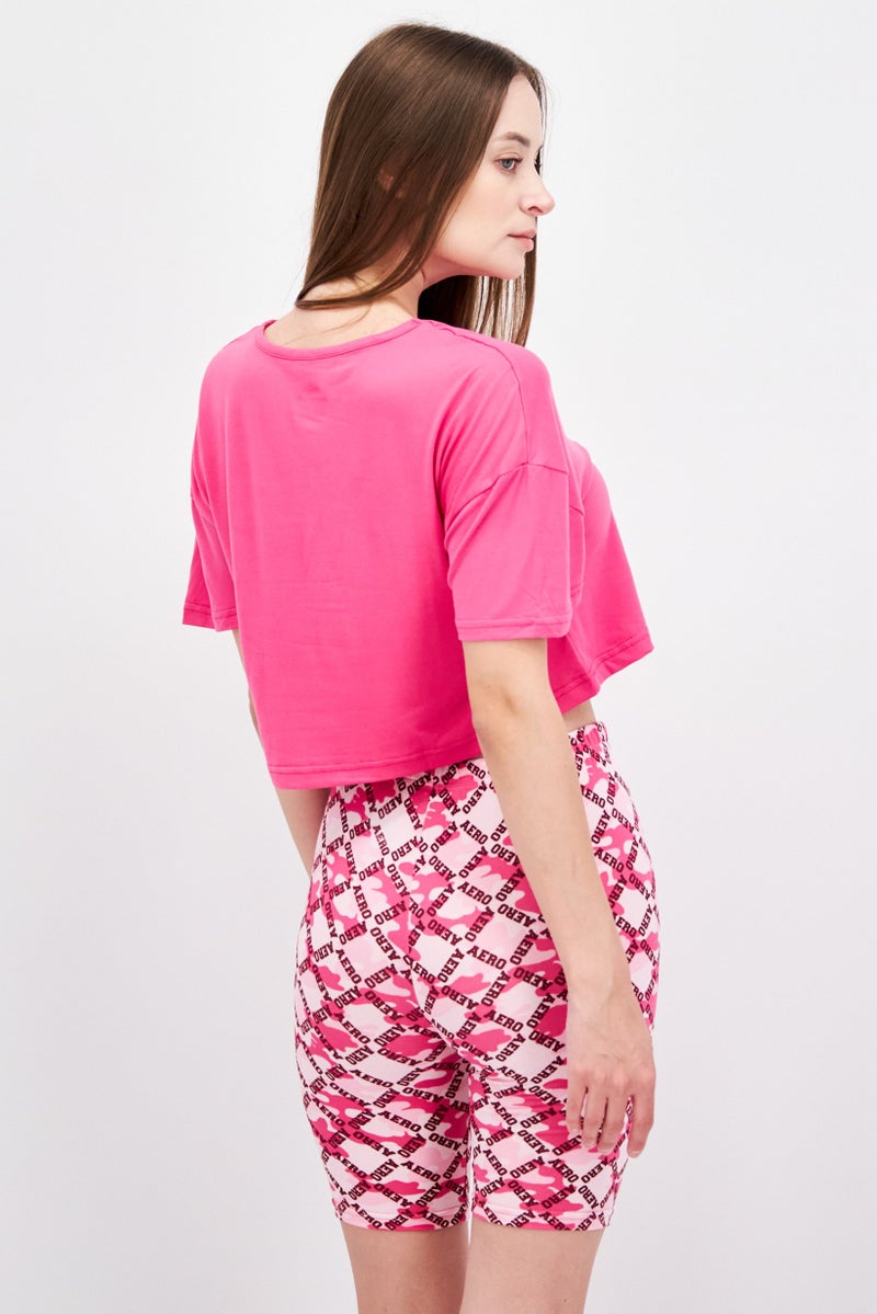 Aeropostale Women 2 Pieces Graphic Print Top And Short Set, Dark Pink - Image 3