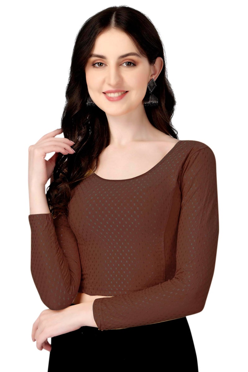 Shiv Textiles Round Neck Dobby Cotton Lycra Stretchable Elbow Sleeve Readymade Saree Blouse for Women Stylish (BrownOver Size Full Sleeve) - Image 3