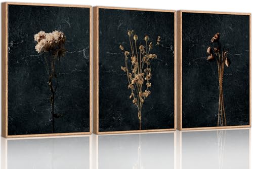 Ausril Moody Dark Orange Floral Framed Canvas Wall Art Set Minimalist Wildflower Wall Decor Black Flower Botanical Wall Painting Modern Art Print for Living Room Bedroom Office 16x24x3 - Image 1