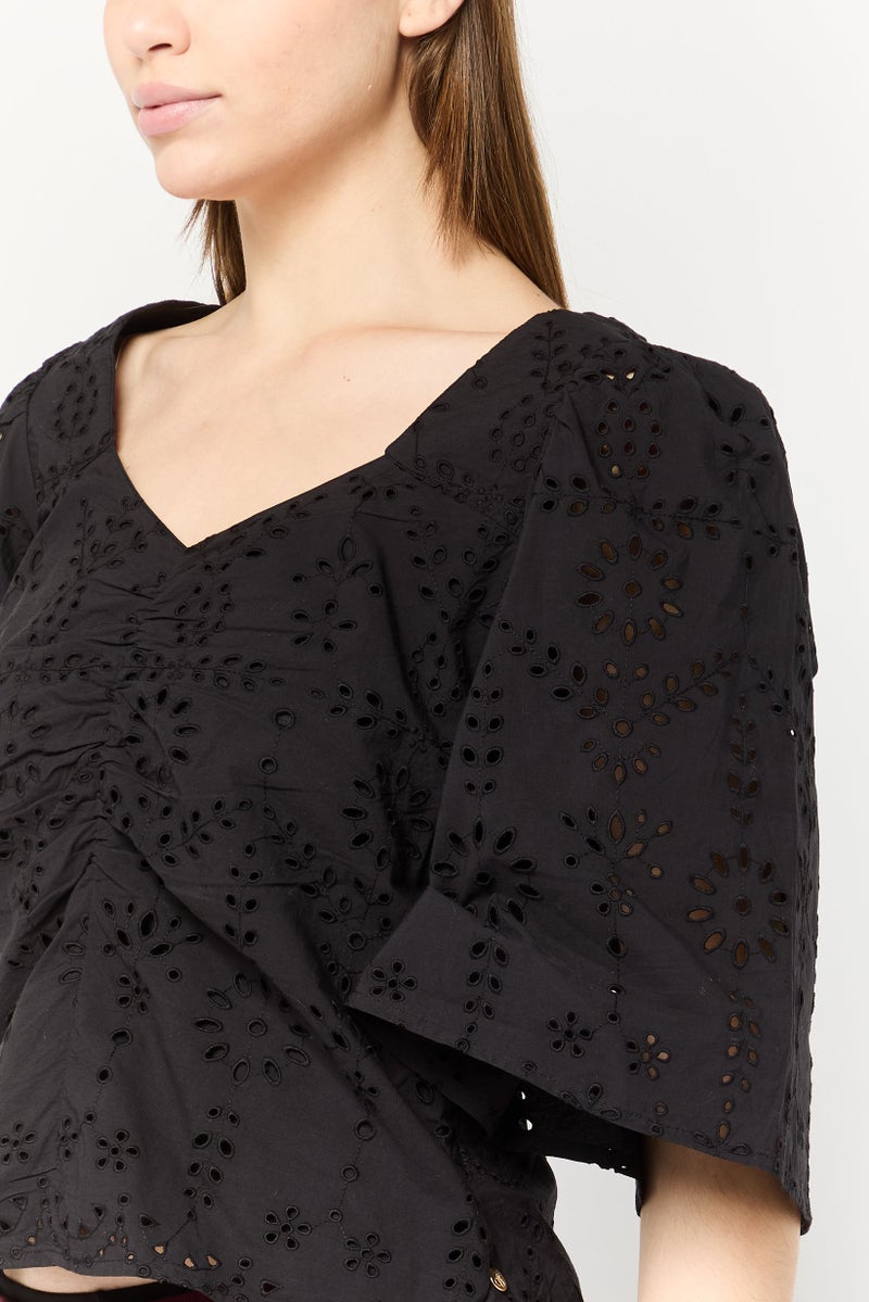 Scotch & Soda Women V-Neck Bell Sleeves Eyelet Top, Black - Image 3