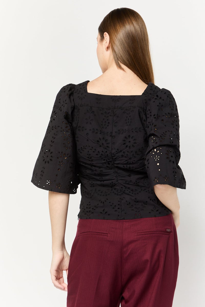 Scotch & Soda Women V-Neck Bell Sleeves Eyelet Top, Black - Image 4