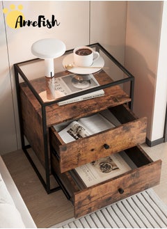 AnneFish 50*40*60cm Nightstand Side Table Tempered Glass Top Sofa Coffee End Storage Cabinet with Metal Frame Storage Shelf and 2 Drawers for Living Room and Bedroom  - Image 2