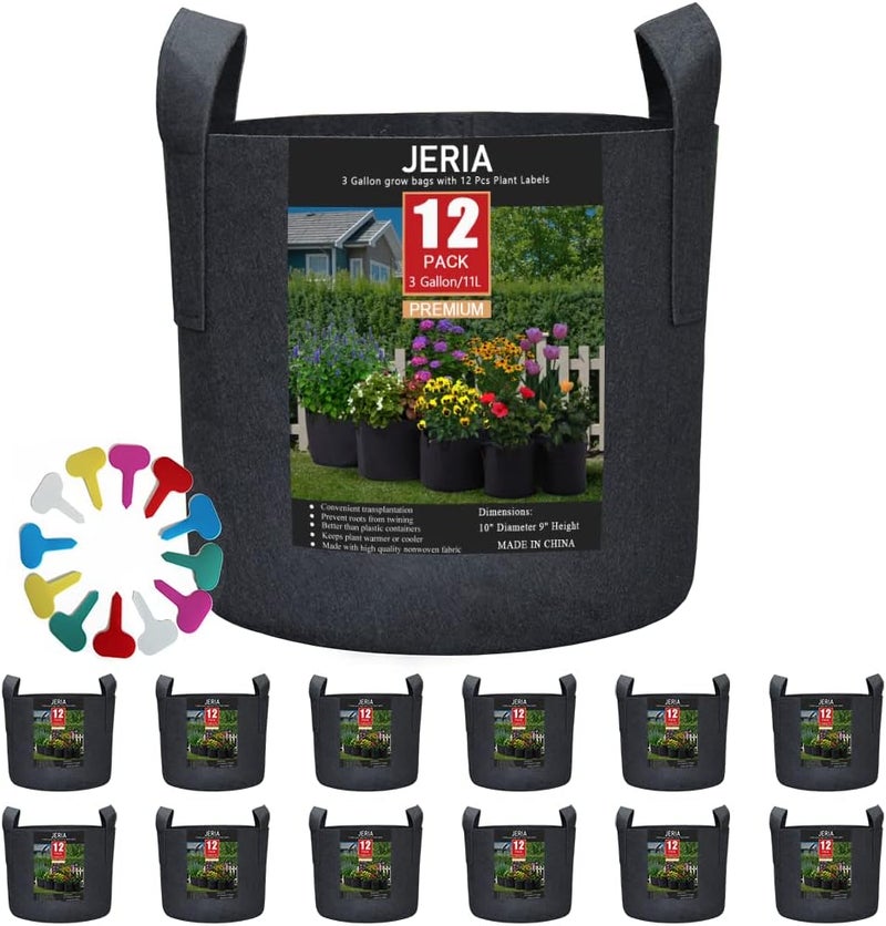 JERIA 12-Pack 3 Gallon, Vegetable/Flower/Plant Grow Bags, Aeration Fabric Pots with Handles (Black), Come with 12 Pcs Plant Labels - Image 1