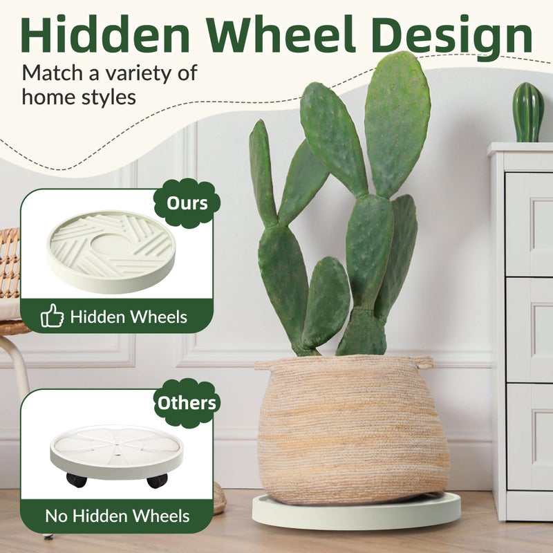 REDHUGO 2PCS Round Plant Caddy with Hidden Wheels, Heavy Duty Rolling Plant Stand Caddy with Wheels, Pot Base for Indoor Outdoor, Beige, 10 inches - Image 5