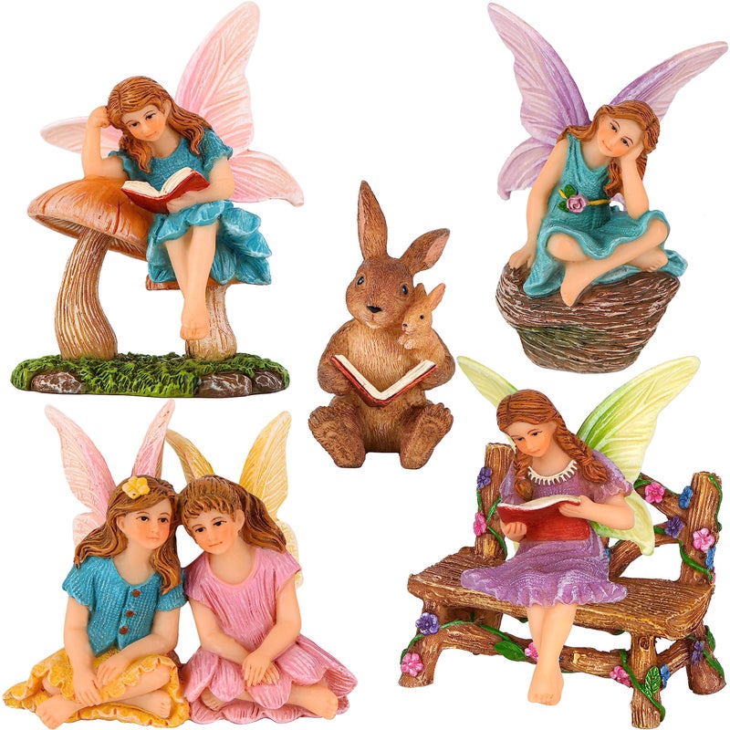 Mood Lab Fairy Garden - Miniature Reading Fairies Figurines Set - Statues & Accessories Decor Kit of 6 pcs - Image 1