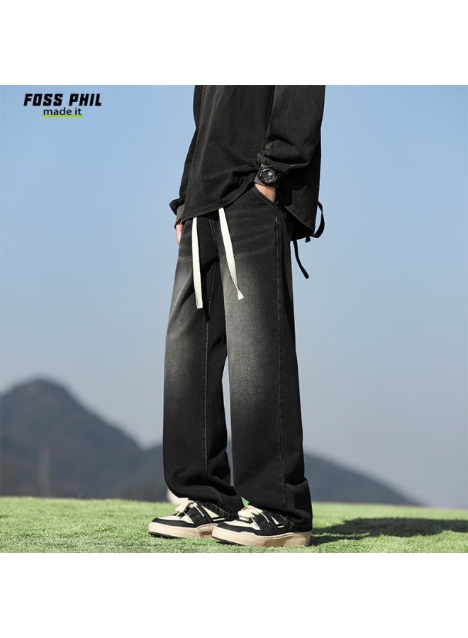 Foss Phil Men's Summer Thin Loose Wide Leg Straight Casual Pants 508 Black Gray XL - Image 2