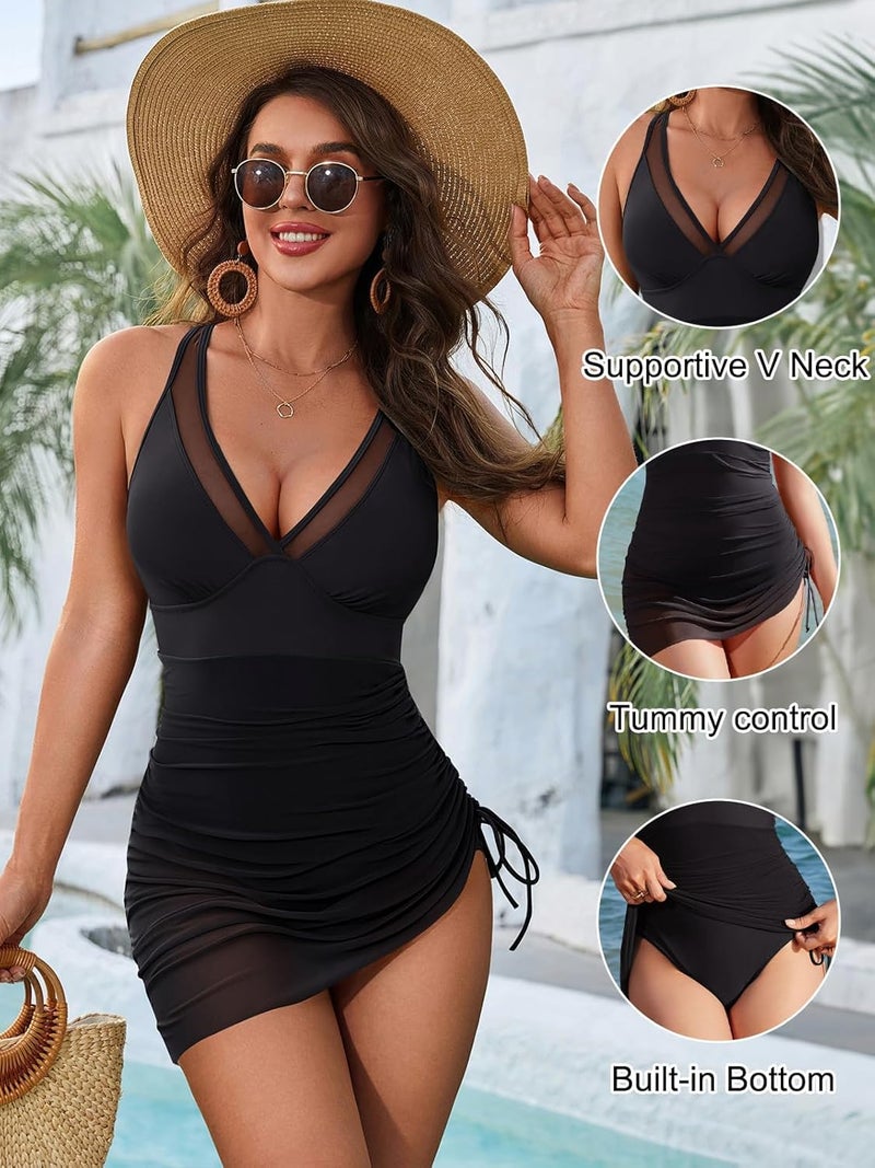 HZYH Women’s Piece Swim Dress – Tummy Control Swimsuit With Slimming Mesh Sarong Wrap Sheer Bathing Suit For Beach Pool And Vacation, One Size - Image 4