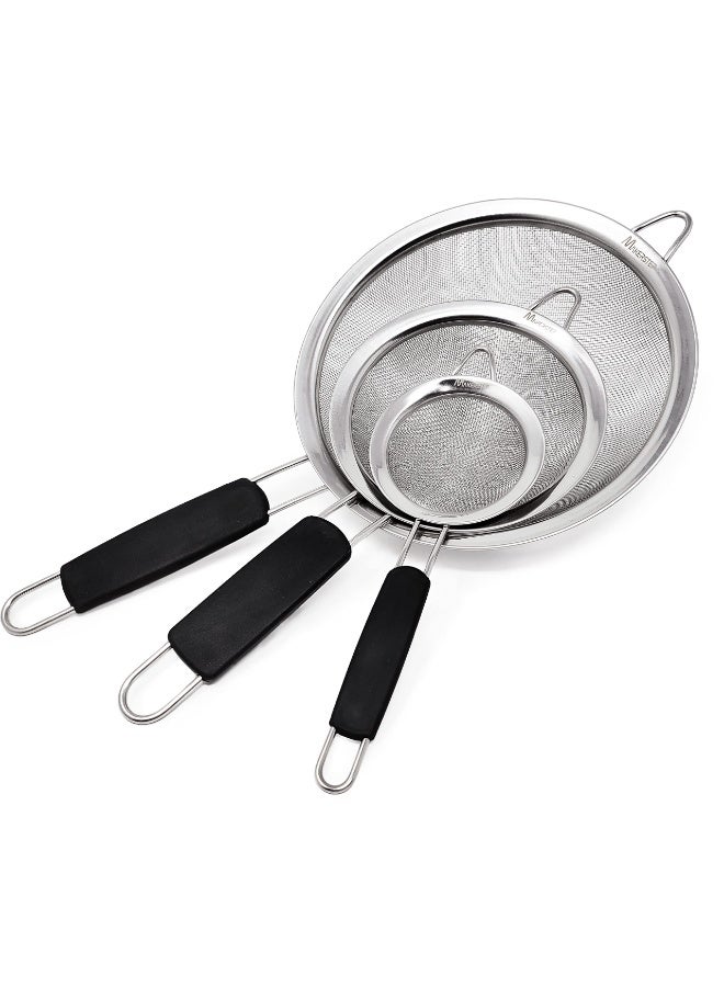 Set of 3 Stainless Steel Fine Mesh Strainers. Graduated Sizes 3.38", 5.5", 7.87" Strainer Wire Sieve Sifter with Insulated Handle for Kitchen Tools Gadgets - Image 1