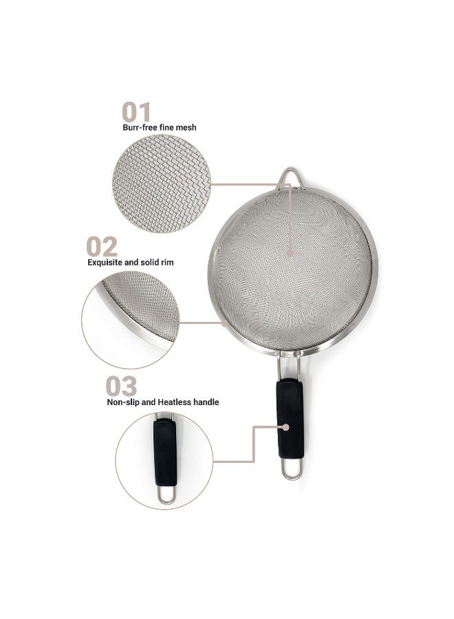 Set of 3 Stainless Steel Fine Mesh Strainers. Graduated Sizes 3.38", 5.5", 7.87" Strainer Wire Sieve Sifter with Insulated Handle for Kitchen Tools Gadgets - Image 2