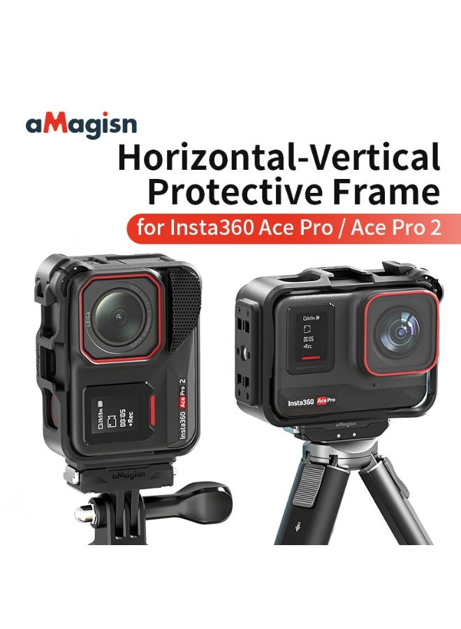 aMagisn Insta360 Ace Pro2 Camera Cage Protective Frame, Quick-Release Horizontal & Vertical Mount, 180° Rotation for Front & Selfie Shots, Secure Lock Design, Screen-Friendly Finger Slots, USB & Cold Shoe Accessory Ports – AcePro Protective Frame Accessory  - Image 2