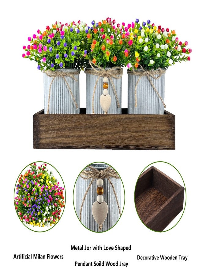 HEMYLU Table Centerpiece Decoration Artificial Flower Set with 3 Fake Milan Bouquet and Wood Tray for Desk Home Bathroom Office Décor - Image 2