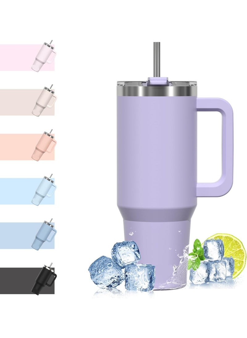 Beauenty 1.13 Litre Coffee Mug to Go, Thermal Mug, Double-Walled Stainless Steel Vacuum Leak-Proof Drinking Cup with Handle and Straw, Thermal Tumbler, Purple - Image 1
