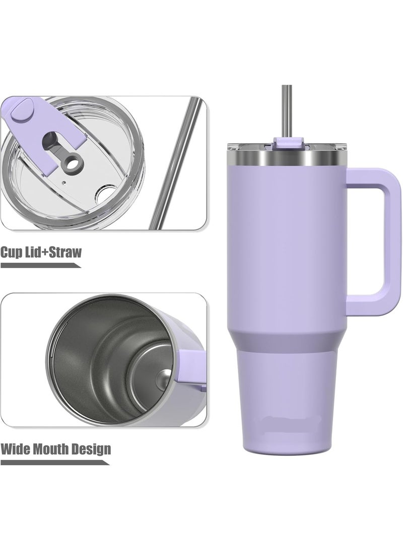 Beauenty 1.13 Litre Coffee Mug to Go, Thermal Mug, Double-Walled Stainless Steel Vacuum Leak-Proof Drinking Cup with Handle and Straw, Thermal Tumbler, Purple - Image 3
