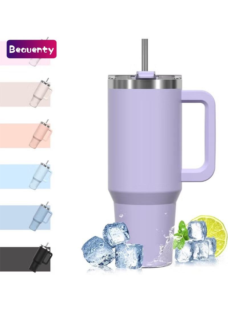 Beauenty 1.13 Litre Coffee Mug to Go, Thermal Mug, Double-Walled Stainless Steel Vacuum Leak-Proof Drinking Cup with Handle and Straw, Thermal Tumbler, Purple - Image 1