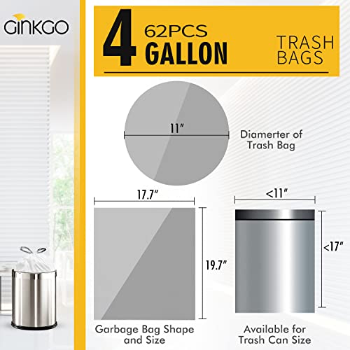Ginkgo 4 Gallon Trash Bags Drawstring White Small Garbage Bags for Bathroom Unscented 15 Liter Plastic Wastebasket Liners 62 Count - Image 5