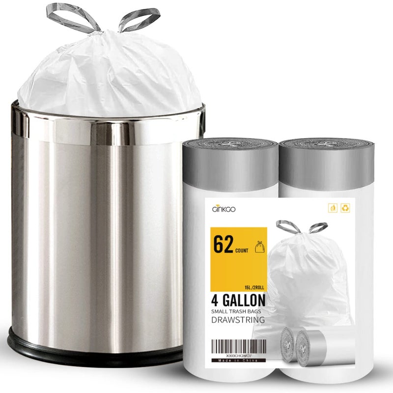 Ginkgo 4 Gallon Trash Bags Drawstring White Small Garbage Bags for Bathroom Unscented 15 Liter Plastic Wastebasket Liners 62 Count - Image 3
