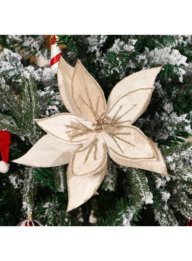 GL-Turelifes GL-Turelifes 10.2’’ Large Glitter Christmas Flowers 6 Pcs Artificial Poinsettia Flower Velvet Christmas Tree Flower Ornaments Fold Floral for Christmas Decorations New Year Party Wedding (Champagne)  - Image 2