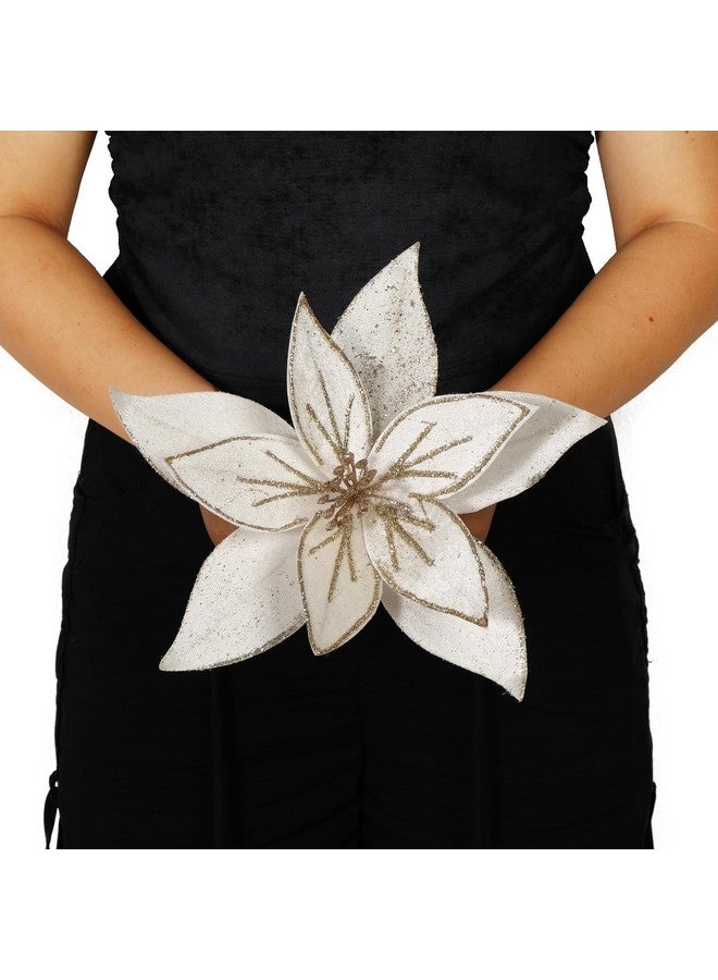 GL-Turelifes GL-Turelifes 10.2’’ Large Glitter Christmas Flowers 6 Pcs Artificial Poinsettia Flower Velvet Christmas Tree Flower Ornaments Fold Floral for Christmas Decorations New Year Party Wedding (Champagne)  - Image 4