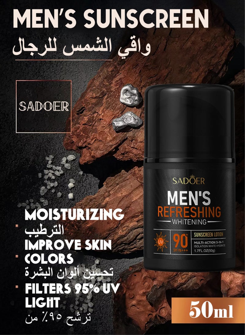 سادور مرطب للوجه مع عامل حماية من الشمس 90+ للرجال، كريم مرطب يومي للوجه من الشمس للرجال، حماية من الأشعة فوق البنفسجية، حماية من الأشعة فوق البنفسجية فئة A والأشعة فوق البنفسجية فئة B، خفيف الوزن وسريع الا - Image 1