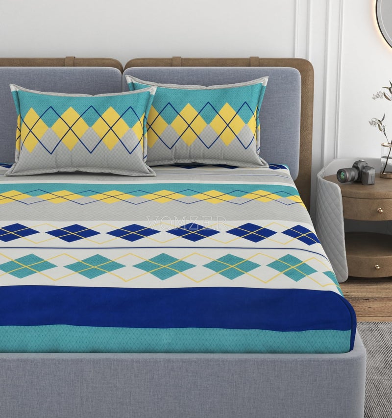 VOMZER 320 TC Cotton Feel All Around Elastic Fitted Printed Bedsheets King Size, Premium Elastic Fitted King Size Bed Sheet for Double Bed with 2 Pillow Covers, Size- 78 x 72 (Blue Box) - Image 1