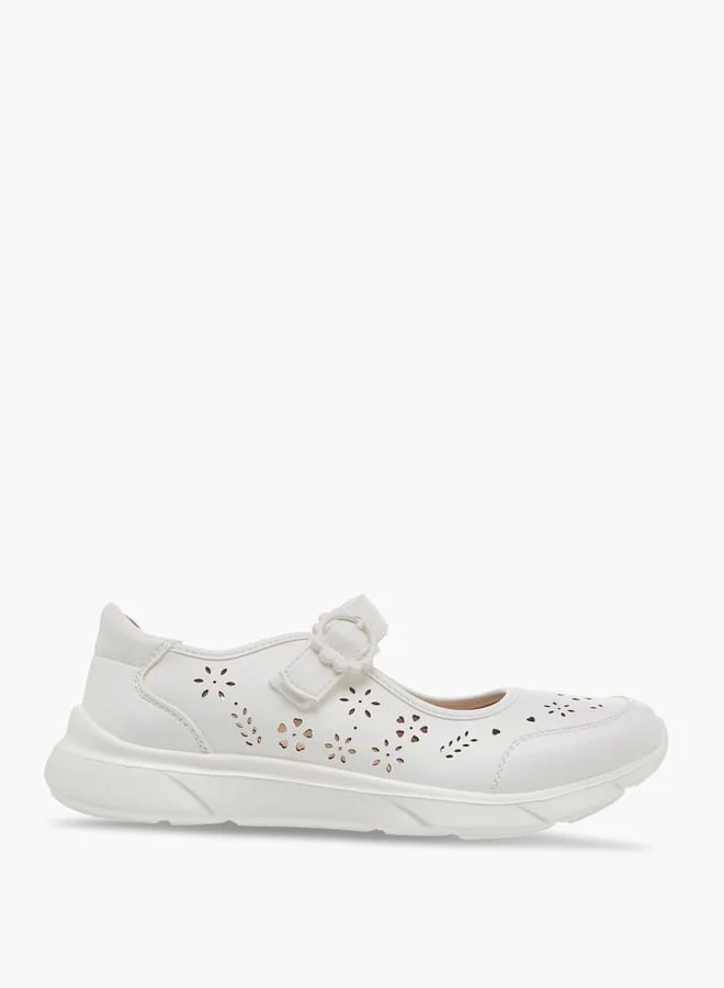 Little Missy Girls Laser Cut Detail Mary Jane Shoes with Hook and Loop Closure