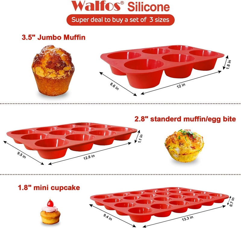 Walfos وولفوس قالب مافن سيليكون خالٍ من BPA - مجموعة قوالب كب كيك من 3 قطع، تشمل 24 كوب صغير، 12 كوب عادي و6 أكواب بحجم تكساس، تنبثق بسهولة - آمن للغسالة الصحون والميكروويف - Image 2