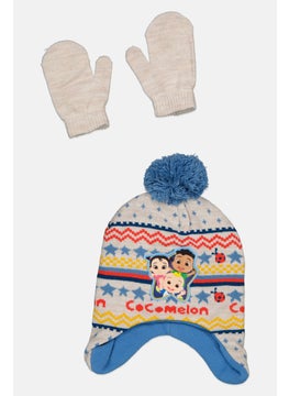 Cocomelon Toddlers Boy 2 Pcs Graphic Bennie And Mittens Set, Grey Combo  - Image 1