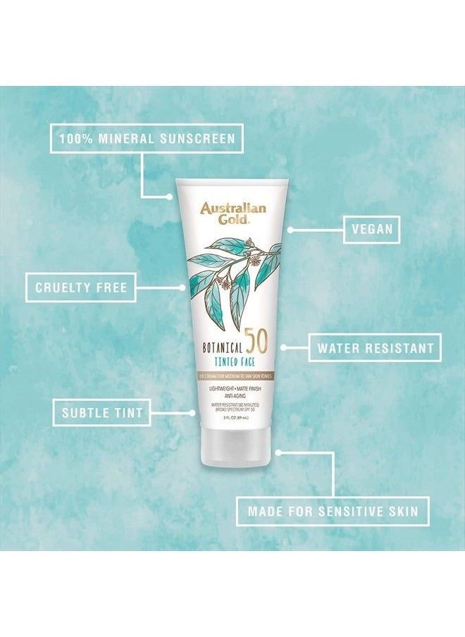 Australian Gold - Botanical SPF 50 Tinted Sunscreen for Face, Non-Chemical BB Cream & Mineral Sunscreen, Water-Resistant, Matte Finish, For Sensitive Facial Skin, Medium to Tan Skin Tones, 3 FL Oz - Image 1