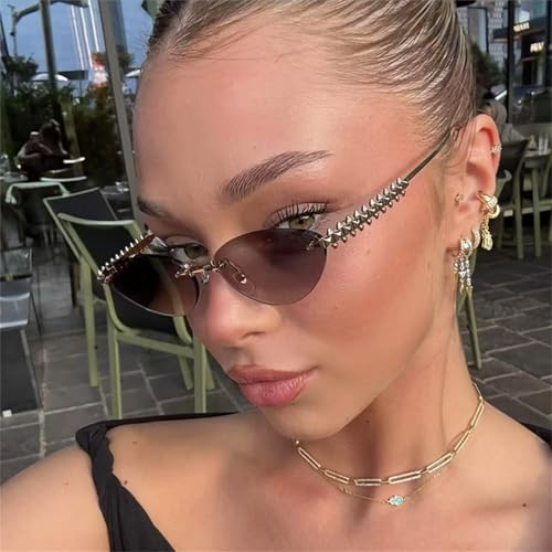 willochra Trendy Rimless Cat Eye Metal Sunglasses Vintage Small Oval Outdoor Eyewear UV400 Protection for Women Men (Dark brown) - Image 2
