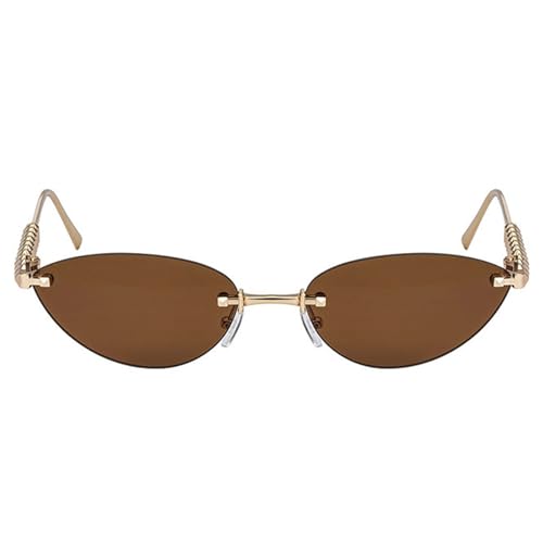 willochra Trendy Rimless Cat Eye Metal Sunglasses Vintage Small Oval Outdoor Eyewear UV400 Protection for Women Men (Dark brown) - Image 3