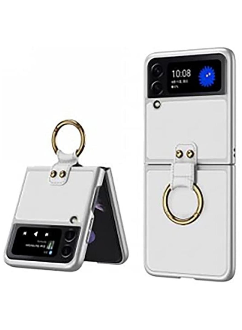 جولدن ماسك جراب جلد مع حلقة لهاتف سامسونج جالاكسي Z فليب 4 - (ابيض)