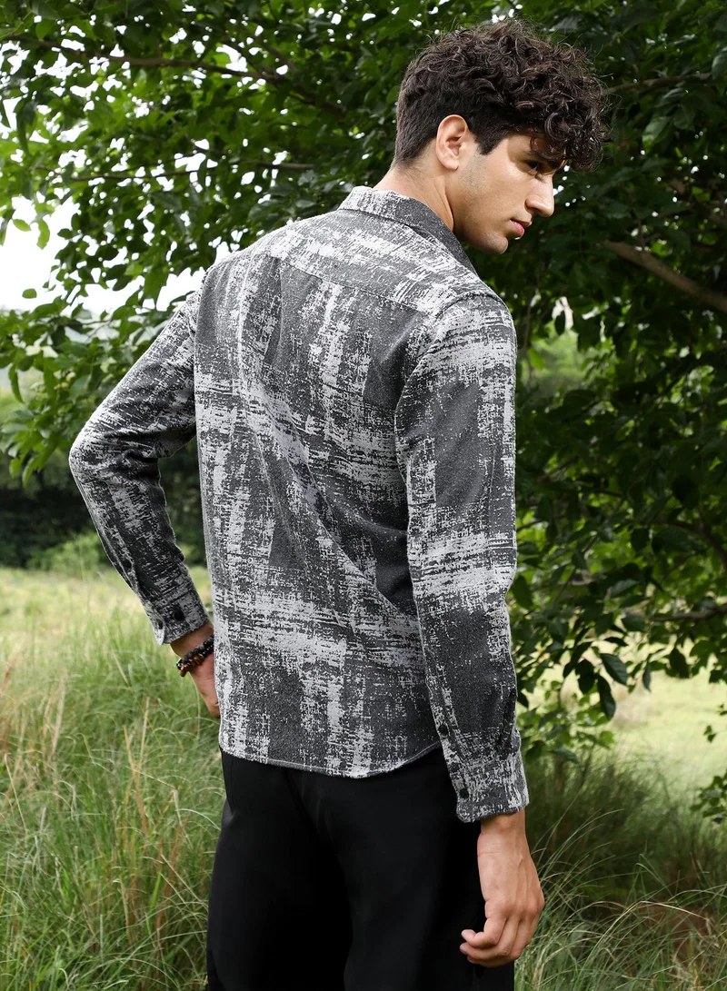 Campus Sutra Campus Sutra Men's Charcoal Grey Contrast-Brushed Jacquard Shirt | Spread Collar , Long Sleeve Cuffed Sleeves , Button Closure | Abstract Jacquard | Cotton-Blend Shirt For Evening Wear