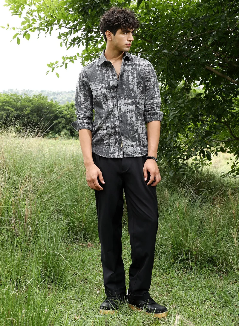 Campus Sutra Campus Sutra Men's Charcoal Grey Contrast-Brushed Jacquard Shirt | Spread Collar , Long Sleeve Cuffed Sleeves , Button Closure | Abstract Jacquard | Cotton-Blend Shirt For Evening Wear