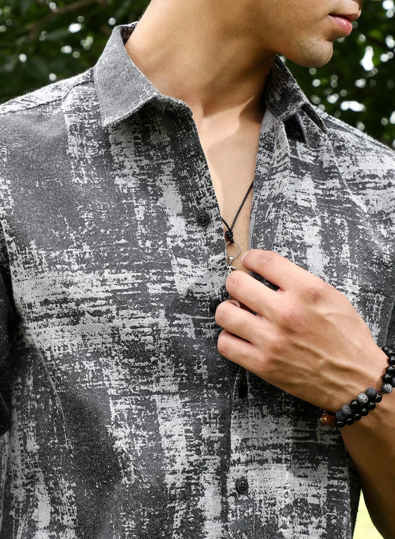 Campus Sutra Campus Sutra Men's Charcoal Grey Contrast-Brushed Jacquard Shirt | Spread Collar , Long Sleeve Cuffed Sleeves , Button Closure | Abstract Jacquard | Cotton-Blend Shirt For Evening Wear