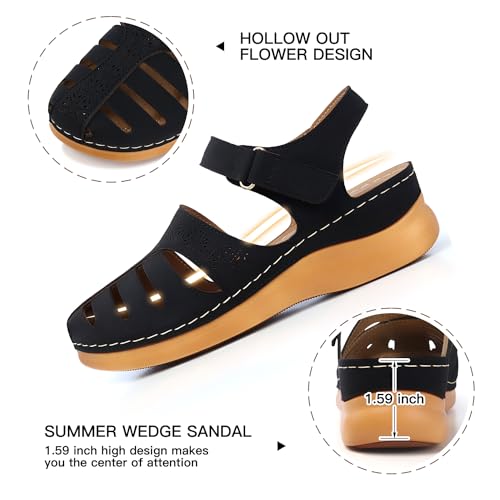 SHIBEVER Closed Toe Sandals for Women: Wedge Dressy Summer Black Casual Sandal Size 8.5 Comfort Fisherman Hollow Out Womens Sandals - Image 2